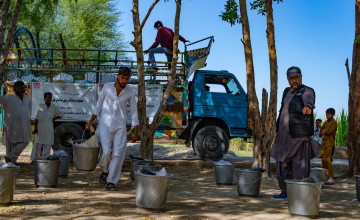 Mohsin Badar and team of TRDP arranging the distribution items. Photo: Ingenious Captures/Concern Worldwide