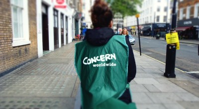 A Concern street fundraiser stands on the pavement near Baker Street. Photo: Lucy Bloxham / Concern Worldwide
