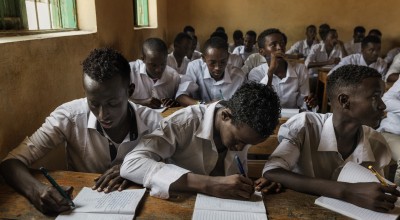 Boys attend class at the a school near Mogadishu. It was constructed and is run by Concern Worldwide. The school has some 1250 students. The school is totally free, Concern provide students with uniforms, books and education material. Photo: Marco Gualazzini/ Concern Worldwide